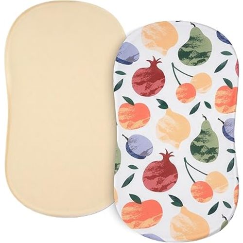TILLYOU Baby Bassinet Sheets for Girls Boys 2 Pack Baby Sheets for Square Rectangle Oval Bassinet Mattress 33X16 Inch, Fruit Shadow & Orangish