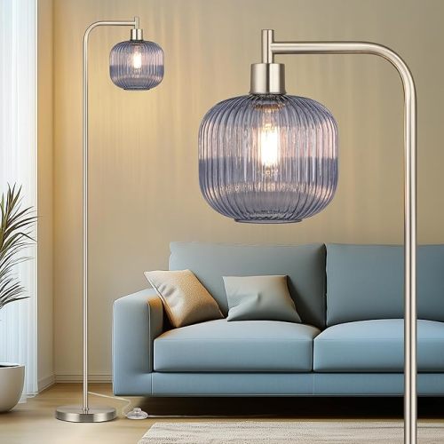 QiMH Glass Floor Lamp for Living Room, 67” Modern Standing Lamp with Blue Ribbed Glass Lampshade Pedal Switch Tall Lamp for Bedroom, Brushed Silver(2700K LED Bulb Included)
