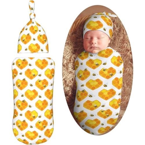 Bee and Love Heart Newborn Swaddle Blankets Hat Sets Soft Baby Receiving Blanket Swaddle Sack for Baby Shower Infant Boy Girl Gift