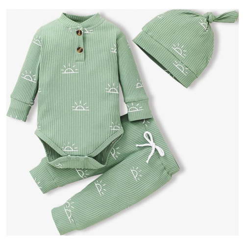 PatPat Newborn Baby Pajamas Boy Girl Clothes Cotton Outdfit Sets Ribbed Long Sleeve Romper and Pants with Cap 0-3 Months