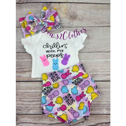 Easter Peeps Baby Bummies Set: Bodysuit & Headwrap Bow