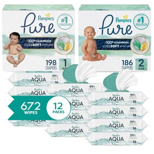 Pampers Pure Protection Disposable Baby Diapers Starter Kit (2 Month Supply), Sizes 1 (198 Count) & 2 (186 Count) with Aqua Pure Sensitive Wipes, 12X Pop-Top Packs (672 Count)