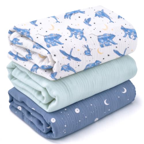GLLQUEN BABY Muslin Swaddle Blankets for Newborn Boys, Large 40''x38'' | 3Pk, 100% cotton, ultra soft and breathable, gentle on sensitive newborn skin, Multi-use as swaddle wrap, receiving blankets
