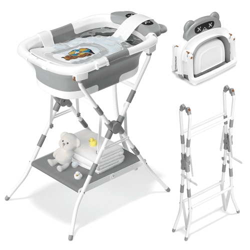 COOSEYA 2-in-1 Baby Bathtub with Stand for Newborn and Infants, Foldable Baby Bath Tub, Baby Shower Gifts for New Parents, Gray