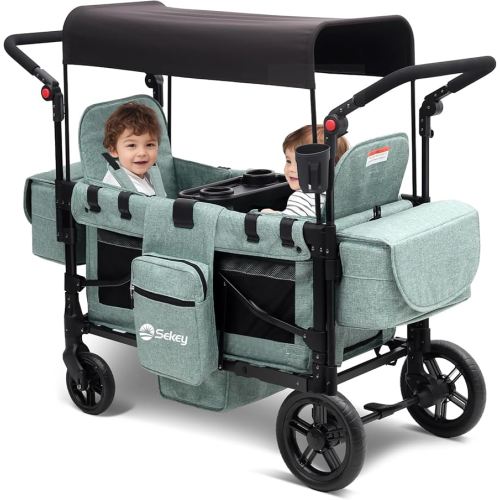 Sekey Wagon Stroller for 2 Kids, Luxury 4-in-1 Stroller Wagon - Premium Quality with Convertible Seats, Adjustable Push Handles, Removable Canopy, Snack Tray & Cooler, US Certified. Green