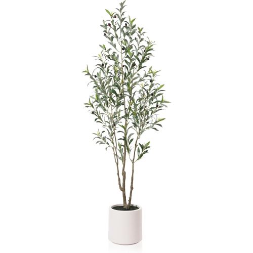 LOMANTO Artificial Olive Trees, 6 ft Tall Fake Olive Trees for Indoor, Faux Olive Silk Tree, Large Olive Plants with White Planter for Home Decor and Housewarming Gift, 1 Pack
