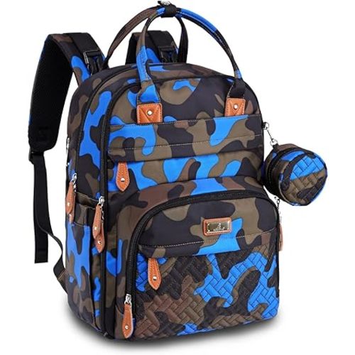 BabbleRoo Diaper Bag Backpack - Baby Essentials Travel Tote - Multi Function Water Resistant Diaper Bag, Travel Essentials Baby Bag with Changing Pad, Stroller Straps & Pacifier Case - Blue Camo