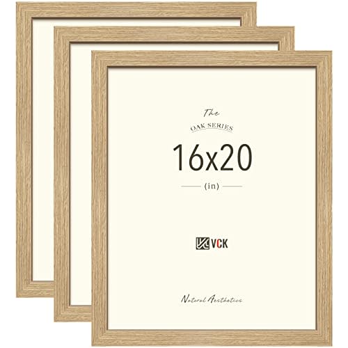 VCK 16x20 Picture Frames 3 Pack, Natural Oak Wood Wide Border, for Poster | Light Woodgrain, Wall Hanging, HD Plexiglass, Vertical & Horizontal Wall Display Prints, Gallery Art, Office & Hallways