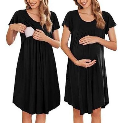 Ekouaer Nursing Nightown Labor and Delivery Gown for Hospital Pleated Breastfeeding Dress Short Sleeve Maternity Sleepwear Black M