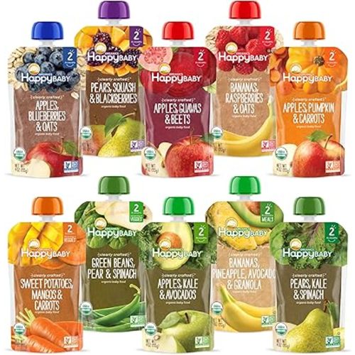 Happy Baby Organics Stage 2 Baby Food Pouches, Gluten Free, Vegan & Healthy Snack, Clearly Crafted Fruit & Veggie Puree, Fruit & Veggie Variety Pack, 4 Ounces (Pack of 10), Amazon Exclusive