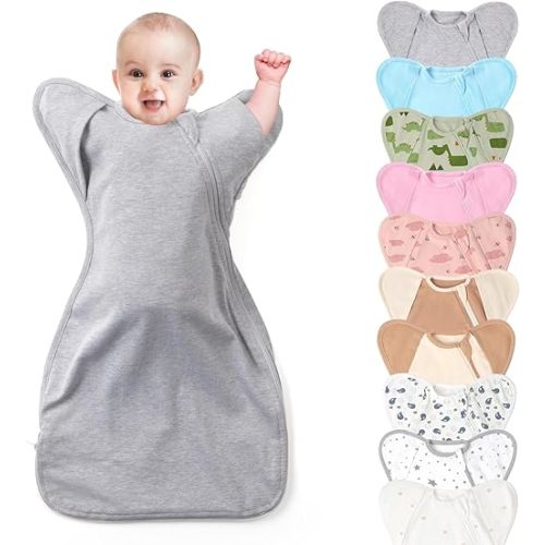 3-Way Wearable Swaddle Blankets Sleep Sacks with Arms Up, Hands Up Sleeping Sack Easy Diaper Changing Sleeping Bag for Baby Boy Girl Newborns Transitions to Arms-Free Calms Startle Reflex