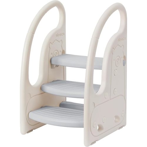Toddler 3 Step Stool Onasti Kids Standing Tower for Toddlers Plastic Learning Helper Stool for Kitchen Counter Bathroom Sink Toilet Potty Training with Handles and Non-Slip Pads-Grey White