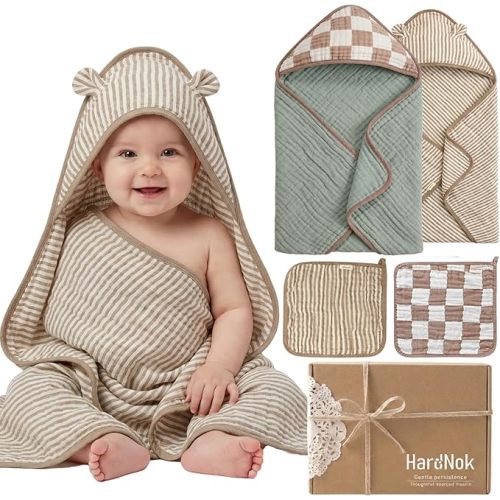 4-Piece Muslin Baby Towel Set - Made with Organic Cotton, (2) 6-Layer 32x32 Towels & (2) Washcloths, Bath, Beach & Pool Gift Set (Neutral Sage Mix)