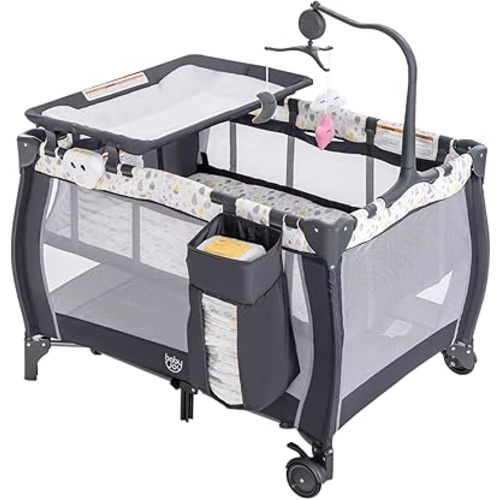 Costzon 3 in 1 Pack and Play with Bassinet, Portable Baby Playard with Changing Table, Music Box, Hangings, Wheels/Brake, Basket, Foldable Infant Bassinet Crib for Baby Toddlers Indoor Outdoor
