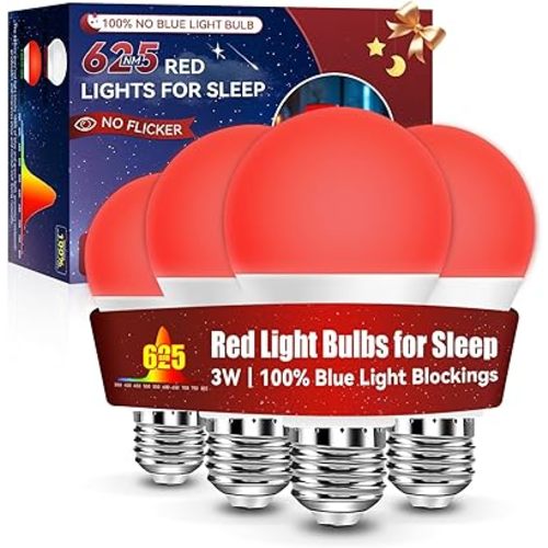 Neporal 625nm Red Light Bulbs for Sleep 3W, 100% Blue Light Blocking Light Bulbs for Melatonin Promoting, A19 LED 40W Equivalent Soft Red Night Light Bulb for Baby Nursery, Sleeping, Reading, 4-Pack