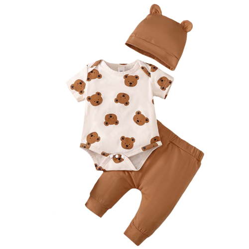 Newborn Baby Boys Clothes Baby Boys Outfits 0-1 Months Baby Boys Short Sleeve Bear Print Romper Top Pants Hat 3PCS Set Brown