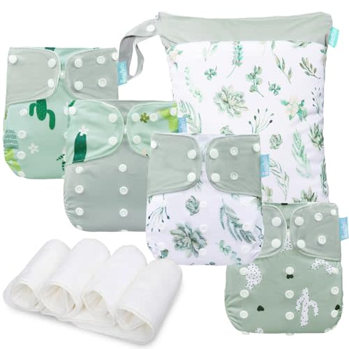 Baby Cloth Diapers Set - 4 Pack with 4 Inserts & 1 Wet/Dry Separation Bag, Reusable Infant Toddler Nappy, Adjustable Pocket Diapers for Baby Boys and Girls (6-33 pounds, 0-3 Years)