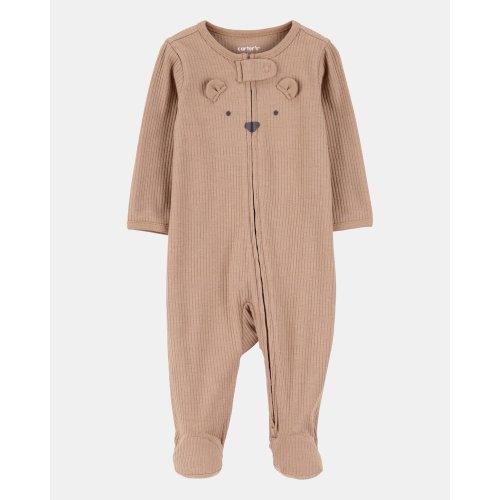 Baby Bear 2-Way Zip Ribbed Sleep & Play Pajamas - Brown | NB & 3M
