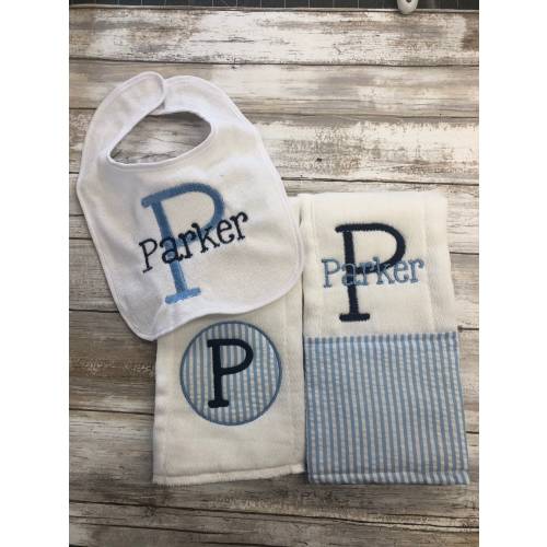 Baby boy gift Set Personalized Monogrammed Appliqued baby boy burpcloths with coordinating  bib seersucker burp cloths and bib