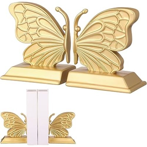 Kathfly Decorative Butterfly Bookends, Vintage Butterfly Book Ends, Resin Gold Bookends for Shelves, Heavy Duty Book Stopper for Desk Home Office, Shelf Decoration
