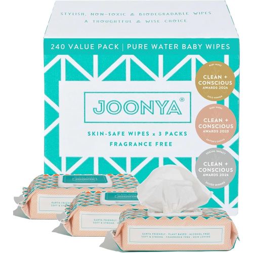 JOONYA Unscented Baby Wipes — Plant-Based, Fragrance-Free Diaper Wipes | Hypoallergenic, Non-Toxic, Compostable & Biodegradable Wet Wipes for Sensitive Newborn Skin | 3 Packs of 80 Wipes (240 Total)