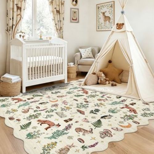 4'x6' Scalloped Woodland Animal Washable Area Rug, Cute Fox Rabbit Carpet Foldable Stain Resistant Floor Cover for Bedroom Nursery Playroom