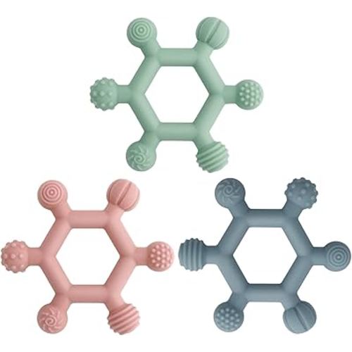 3 Pack Baby Teething Toys, BPA-Free Silicone Baby Teether Toys Teething Relief, Chew Toy for Babies 6-24 Months (Green & Blue & Pale Pink)