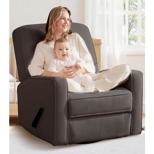 Tbfit 360° Swivel Recliner Chair, Nursery Rocking Chair with Lumbar Support & Footrest for Bedroom, Comfy Upholstered Armchair with Pillows & Storage for Living Room, Dark Grey