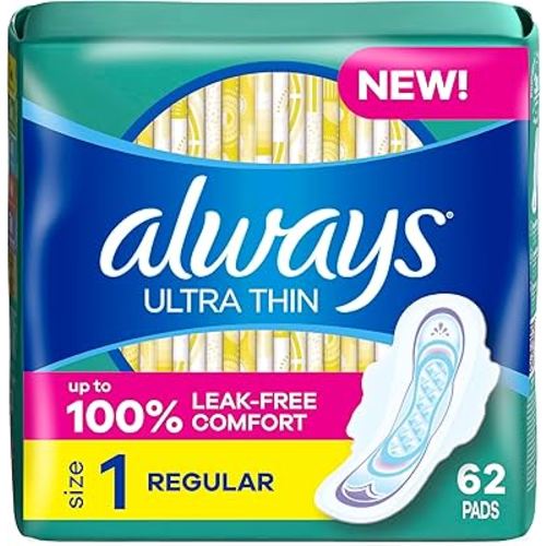 Always Ultra Thin Pads with Wings, Size 1, Regular, 62 Count