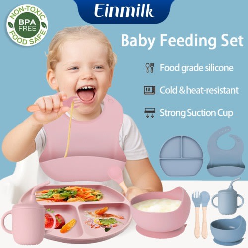 Einmilk Silicone Baby Feeding Set 6pcs Toddler Plate Set with Suction Cup Baby Eating Utensils Set