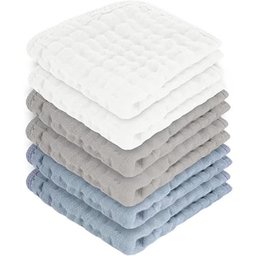 Baby Washcloths 100% Cotton Size is 12x12 inches. Lightweight, Portable, and Ideal for use at Home or on The go. (White & Grey 6 Pieces)