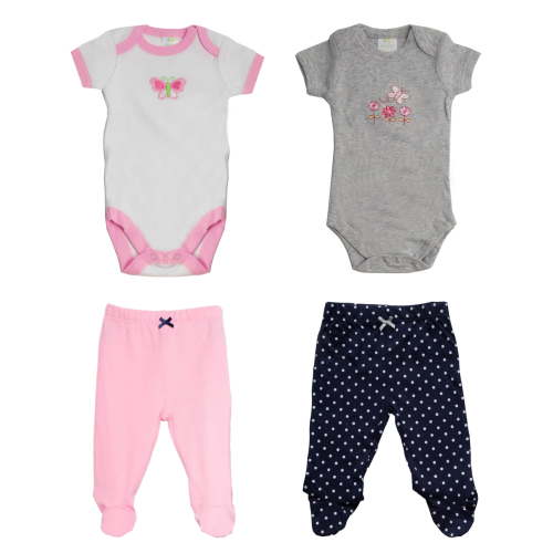 Spasilk Newborn Baby Layette Set, Short Sleeve Bodysuits and Pull-On Footed Pants, 4 Piece, 0-3 Months - Pink & Grey Layette Set