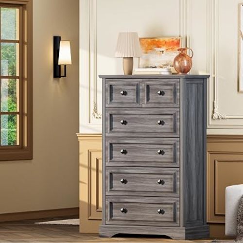 VVFLU Grey Dresser, 48" Tall Dresser with Natural Texture & Metal Handles, 6 Drawer Chest of Drawers for Bedroom, Living Room, Hallway, Vintage Design