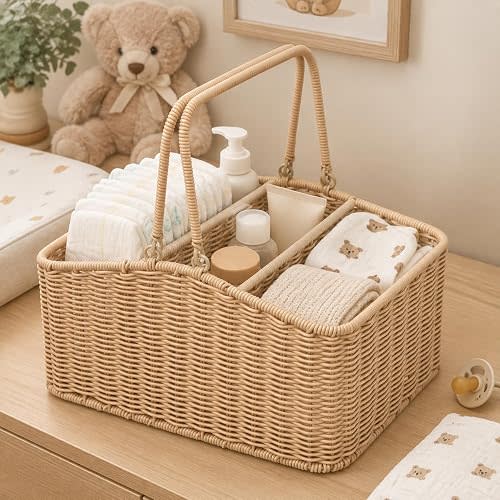 PE Wicker Diaper Caddy Organizer with Handles and 3 Compartments