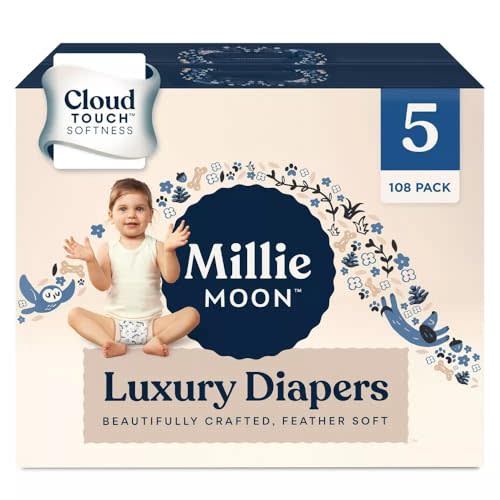 Millie Moon Luxury Diapers – Ultra Soft Cloud Touch Disposable Diapers with 12 Hour Absorbency & Wetness Indicator (5-108ct)