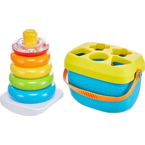 Fisher-Price Baby’s First Blocks & Rock-a-Stack Toy Set, Bucket of 10 Shapes & Ring Stacking Activity for Developmental Play Ages 6+ Months (Amazon Exclusive)
