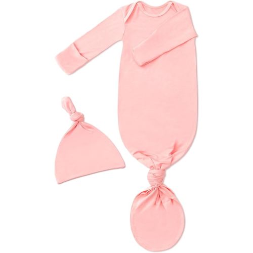 Baby Knotted Gown with Hat Set for Newborn Boy Girl, Ultra Soft Tie Gown with Mitten, Long Sleeve Infant Sleeper 0-3 M