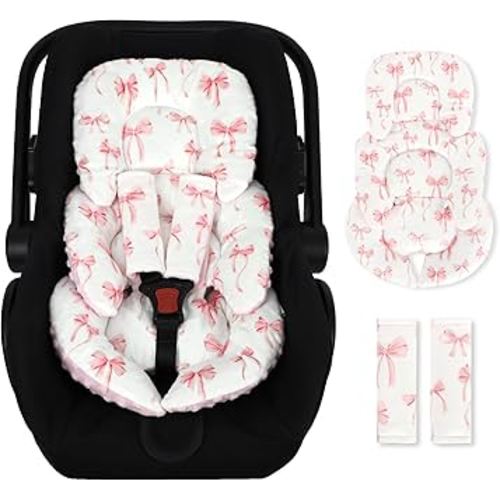 Infant Car Seat Insert Cushion, Baby Car Seat Head Body Support for Girls & Boys, Reversible Newborn Car Seat Insert with 2 Extra Strap Paddings, Premature Car Seat Cushion, Pink Bow