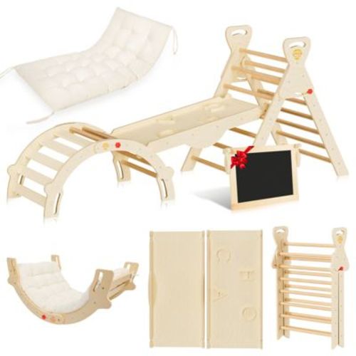 Pikler Triangle Set 7-in-1 Foldable Montessori Wooden Climbing Toys for Toddlers 1-5 Years Indoor Jungle Gym with Slide, Arch Ladder