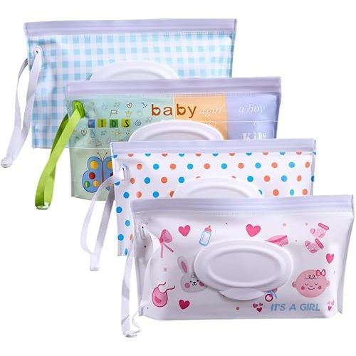 4PCS Baby Wipes Dispenser Travel Baby Wipe Holder Portable Wet Wipe Dispenser Bag Reusable Travel Baby Wipes Container Refillable Wet Wipe Carrying Case Holder Wet Wipe Pouch