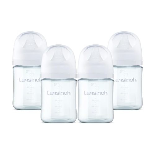 Lansinoh Anti-Colic Glass Baby Bottles, White Collar, 5 Ounces, 4 Count