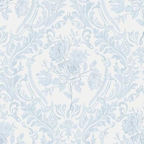 Ismoon Peel and Stick Wallpaper Vintage Floral Contact Paper Boho Watercolor Blue Damask Wallpaper Textured Removable Self Adhesive Vinyl Wall Paper for Bedroom, 17.3 in X 6.5 ft