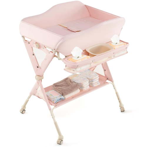 INFANS Baby Changing Table with Wheels, Portable Folding Diaper Station Nursery Organizer with Storage Basket, Hanging Rack, Adjustable Height, Safety Belt for Newborn Infant