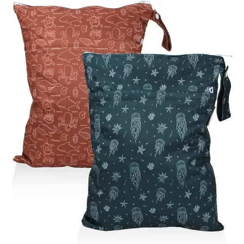 Mama Koala Waterproof Wet Dry Bags for Baby Items, Cloth Diapers, Swimsuits, Travel, Gym Clothes, Beach, Pump Parts, Toiletries, Two Zippered Pockets, 2 Pack (W020)