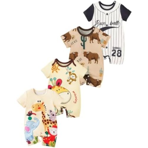 MOSSRIVER Baby Girl Outfits 4 Pack Short Sleeve Footless Romper Snap Crotch Closure Graphic Bodysuit Toddler Boys Clothes