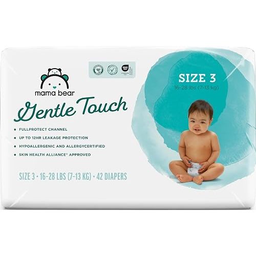 Amazon Brand - Mama Bear Gentle Touch Baby Diapers, Size 3, 168 Count (4 packs of 42), Leakproof, Keeps Baby Dry, Skin Safe, Formulated without Fragrance with Wetness Indicator