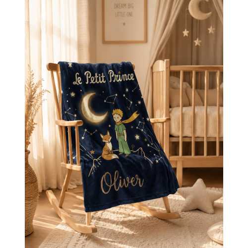 Le Petit Prince Personalized Blanket, Little Prince Custom Gift, Fox and Moon Stars Nursery Bedding, Soft Velveteen Plush Kids Throw