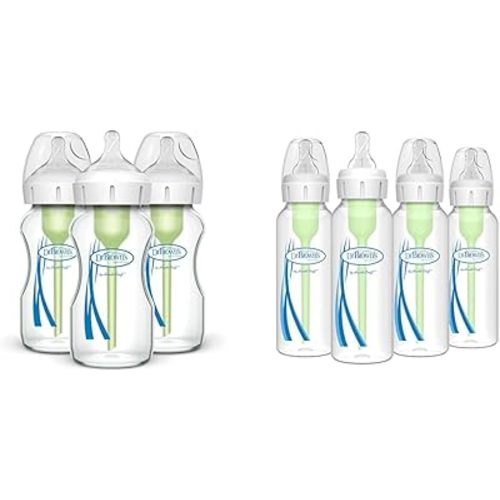 Dr. Brown's Natural Flow Anti-Colic Options+ Wide-Neck Glass Baby Bottles 9 oz/270 mL & Natural Flow® Anti-Colic Options+™ Narrow Baby Bottles 8 oz/250 mL, with Level 1 Slow Flow Nipple, 4 Pack, 0m+