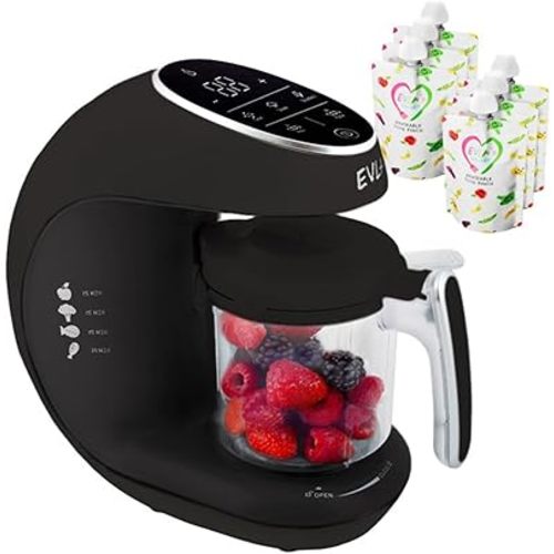 EVLA'S Baby Food Maker, Steamer, Blender, Baby Food Processor for Healthy Homemade Baby Food in Minutes, Touch Screen with 6 Reusable Food Pouches, Baby Registry Essential, Dark Grey