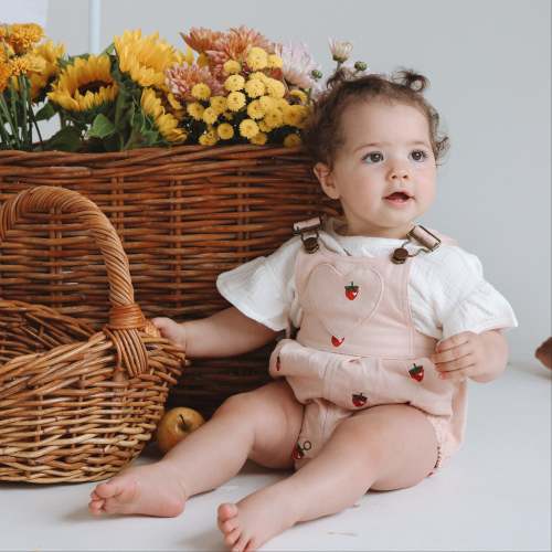 Denim Overall Romper - Strawberry Dreams